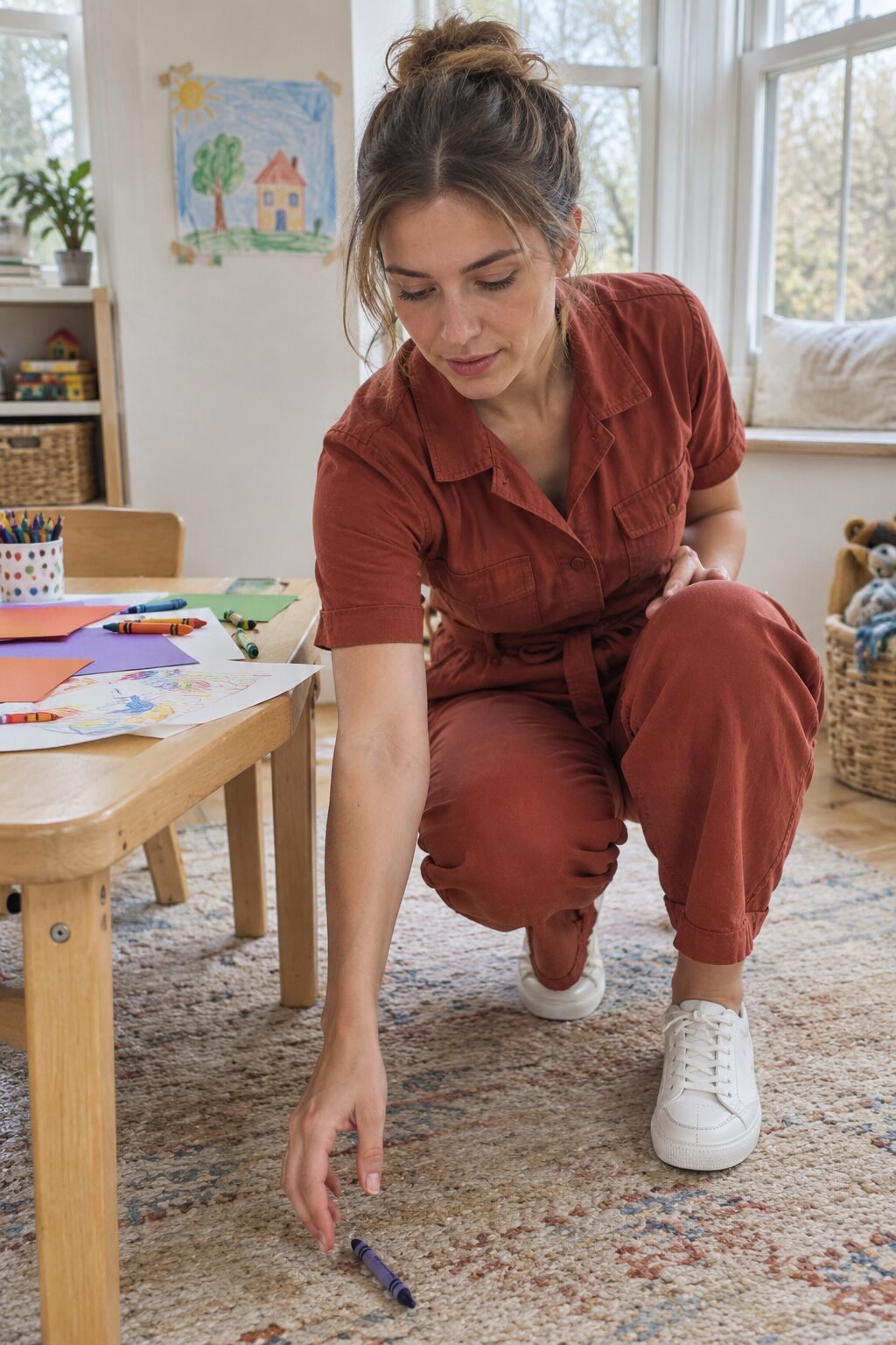 thanksgiving outfit for kids' table duty: rust utility coverall jumpsuit and white leather sneakers