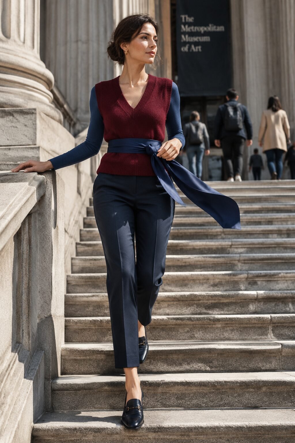preppy spirit week outfit: red sweater vest, blue bodysuit, and navy trouser for superhero day