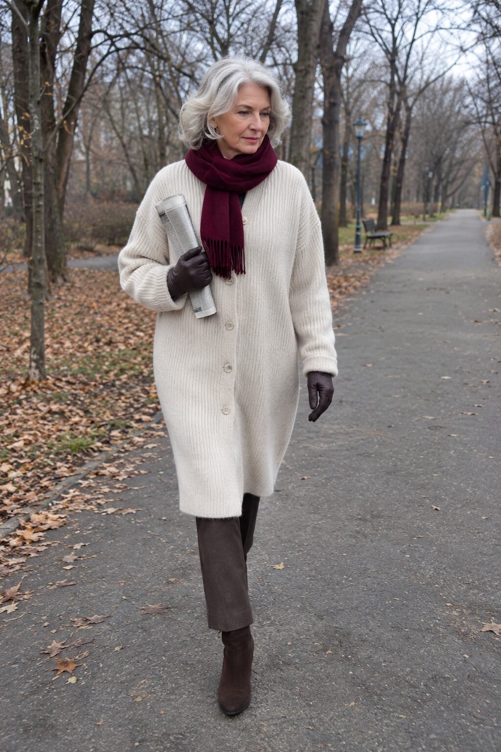 how to style a cardigan for women in their 70s: ivory cashmere cardigan buttoned closed with a burgundy cashmere scarf for a cold walk