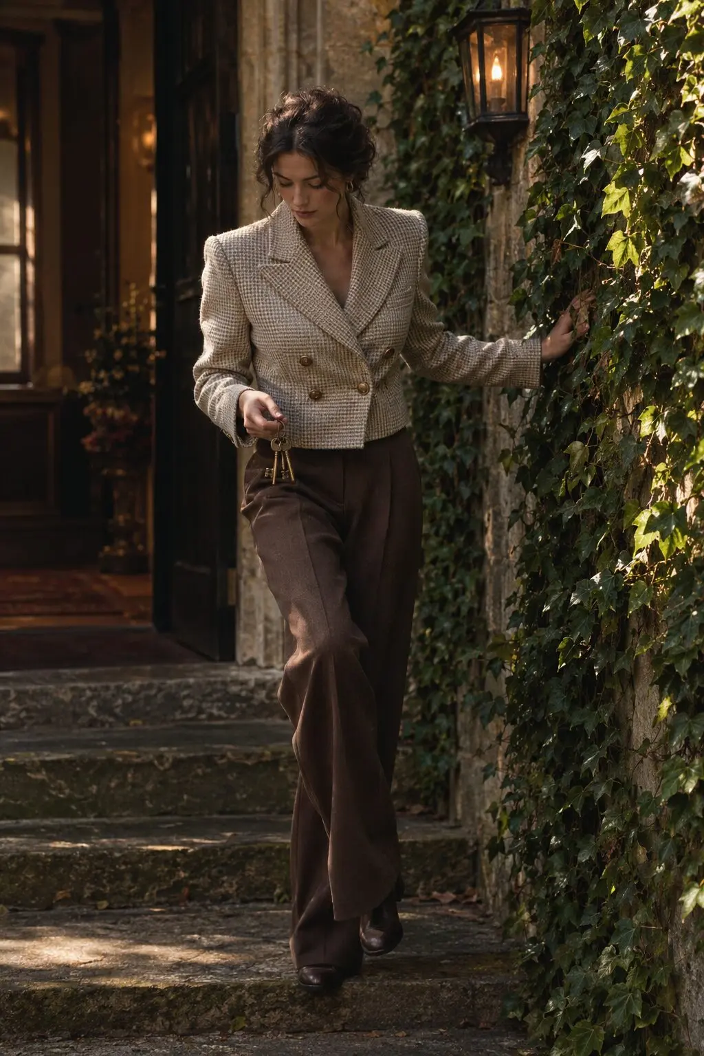 English countryside mystery Halloween outfit: ecru tweed blazer with brown tailored wide leg trousers
