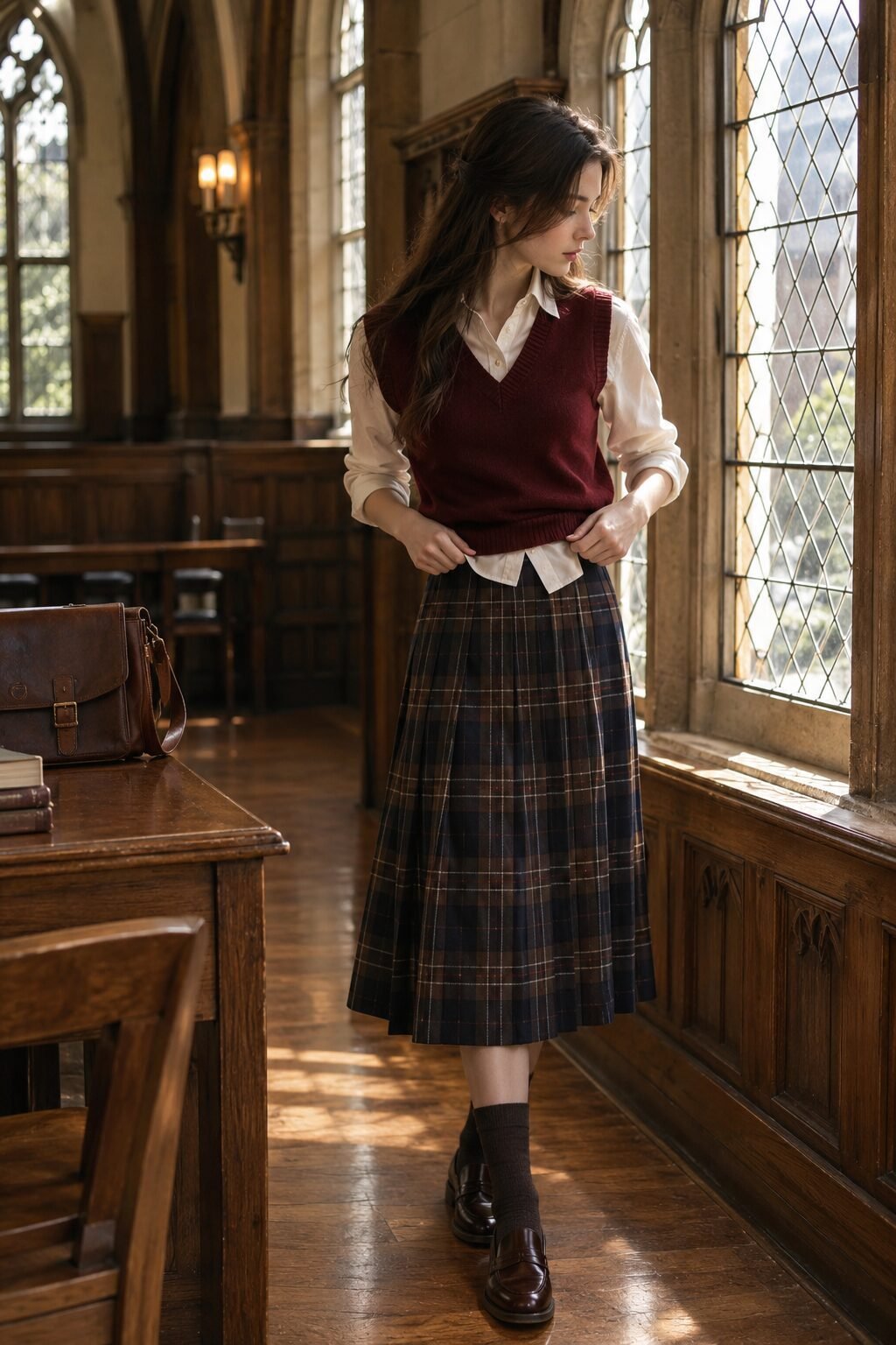 collegiate fall outfit: wine sweater vest over a dark plaid pleated midi skirt for a lecture hall day