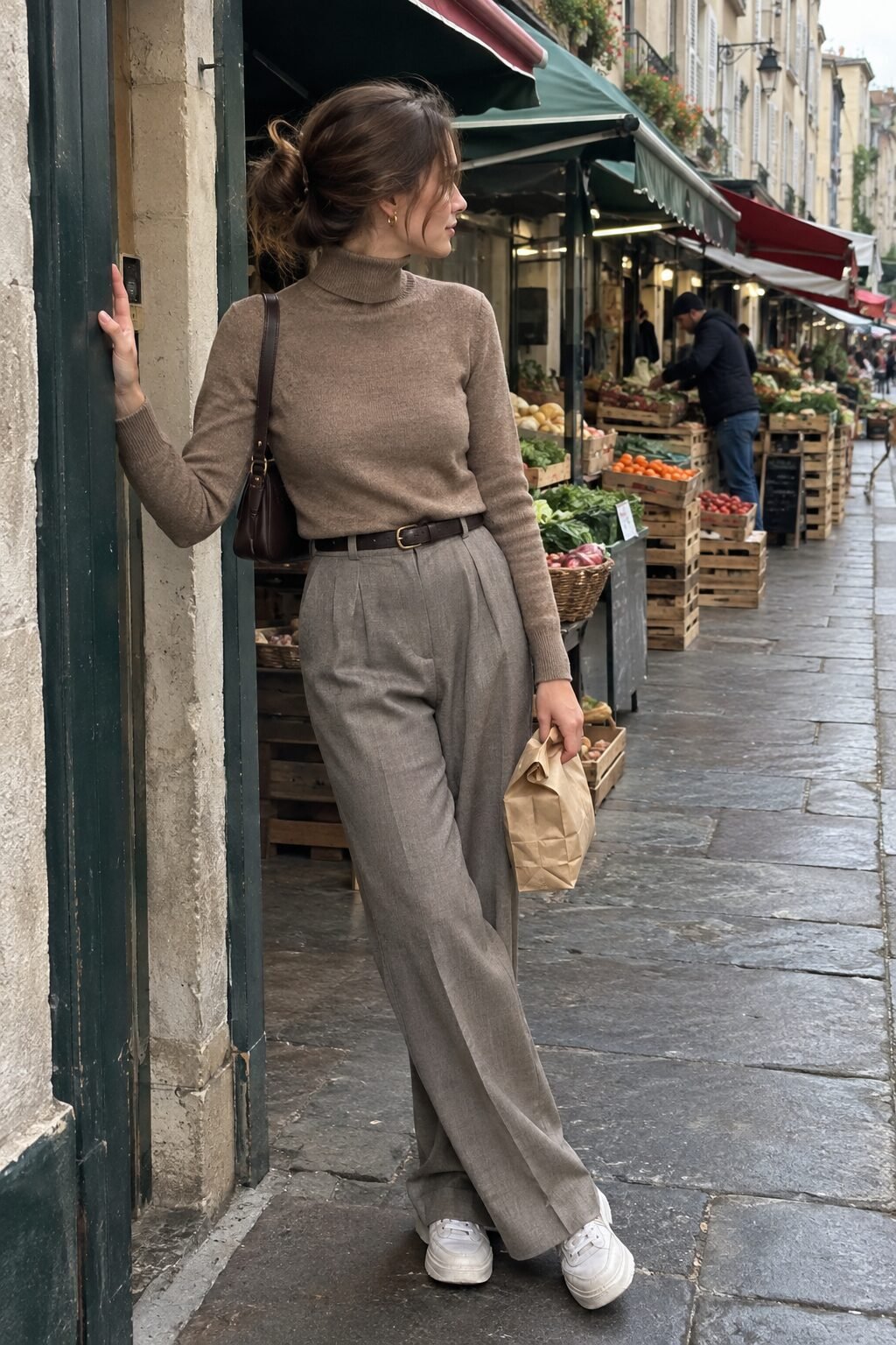 quiet luxury errand outfit: beige turtleneck with tailored crepe trousers for european winter