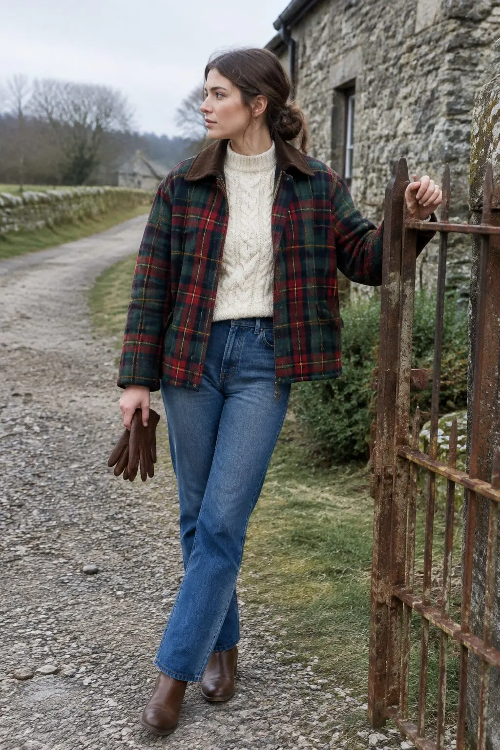 old money winter jacket outfit: quilted tartan barn jacket over a chunky ivory cable-knit sweater and straight-leg denim