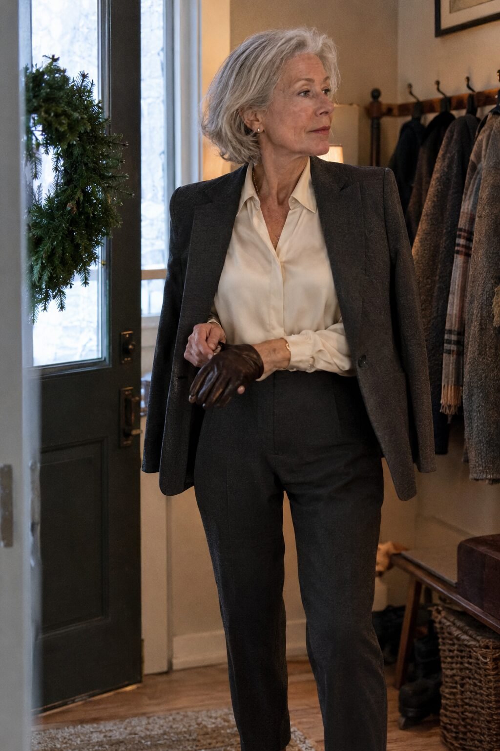 elegant thanksgiving outfit for women in their 70s: charcoal wool trousers, cream silk blouse, and structured blazer for a formal cold-climate Thanksgiving