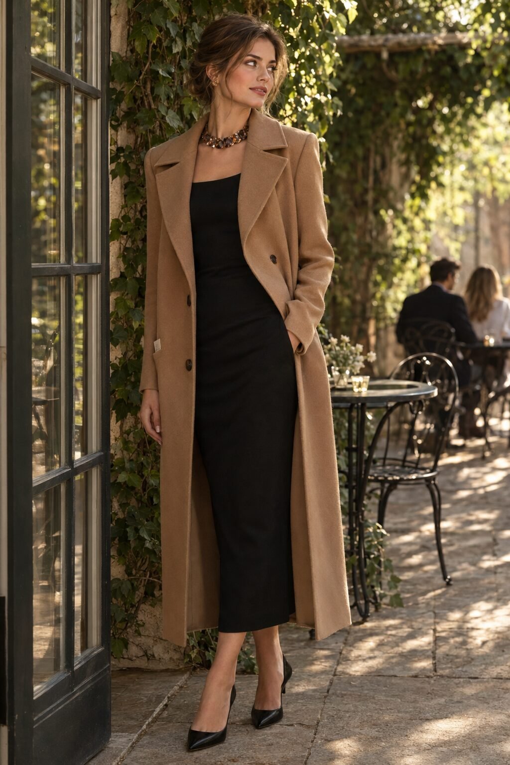 old money date night outfit: camel trench coat over a little black dress with a brown crystal collar necklace