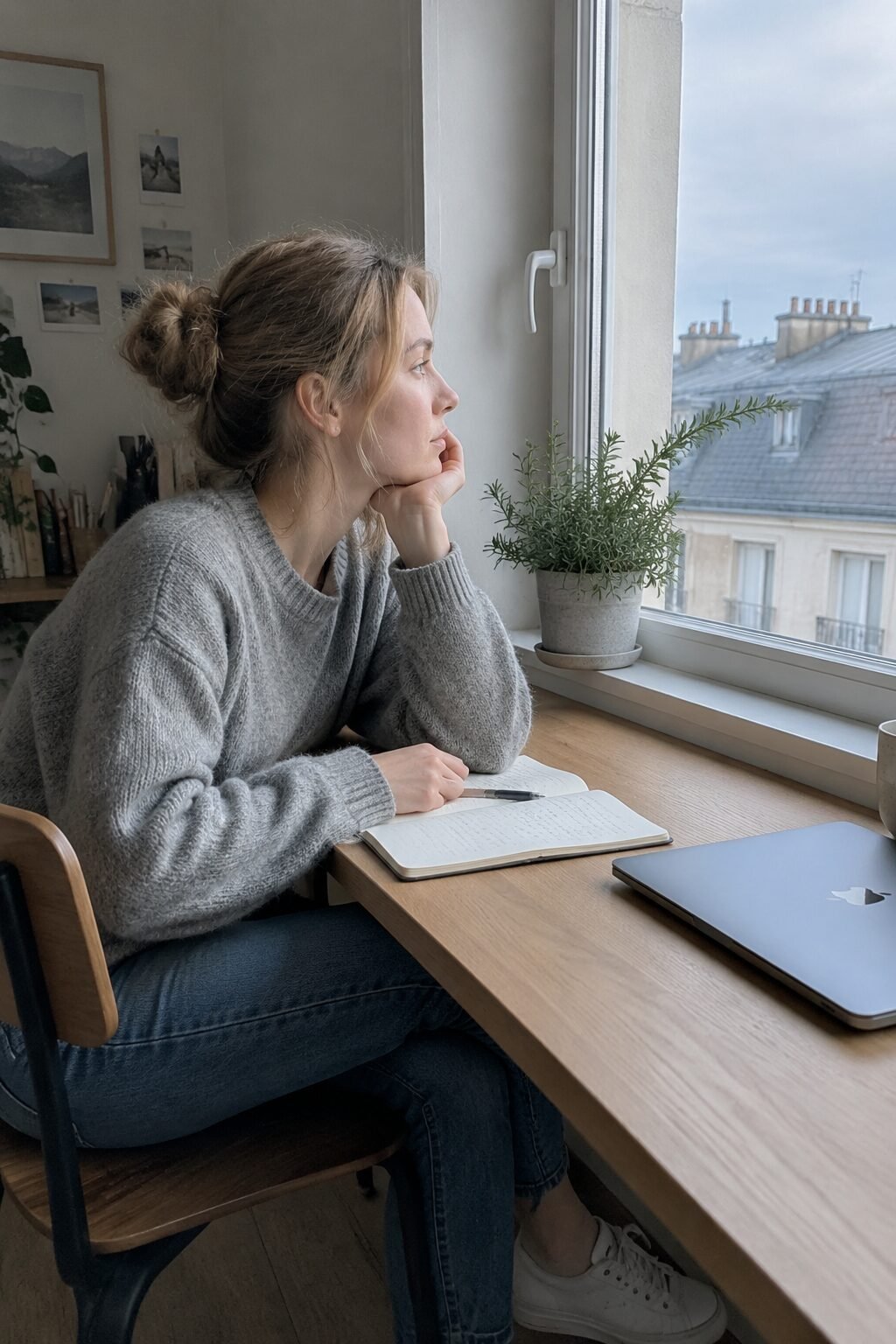 Peaceful home workspace near a window, showing ambition without hustle energy for a balanced 2027 vision board