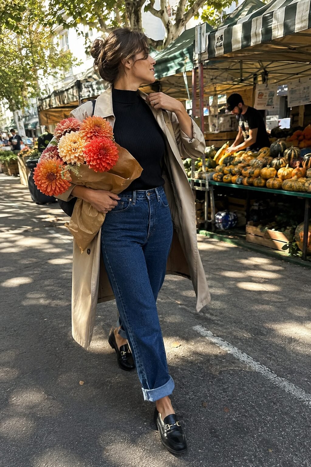 how to style a black turtleneck with straight-leg jeans and a trench coat for weekend errands