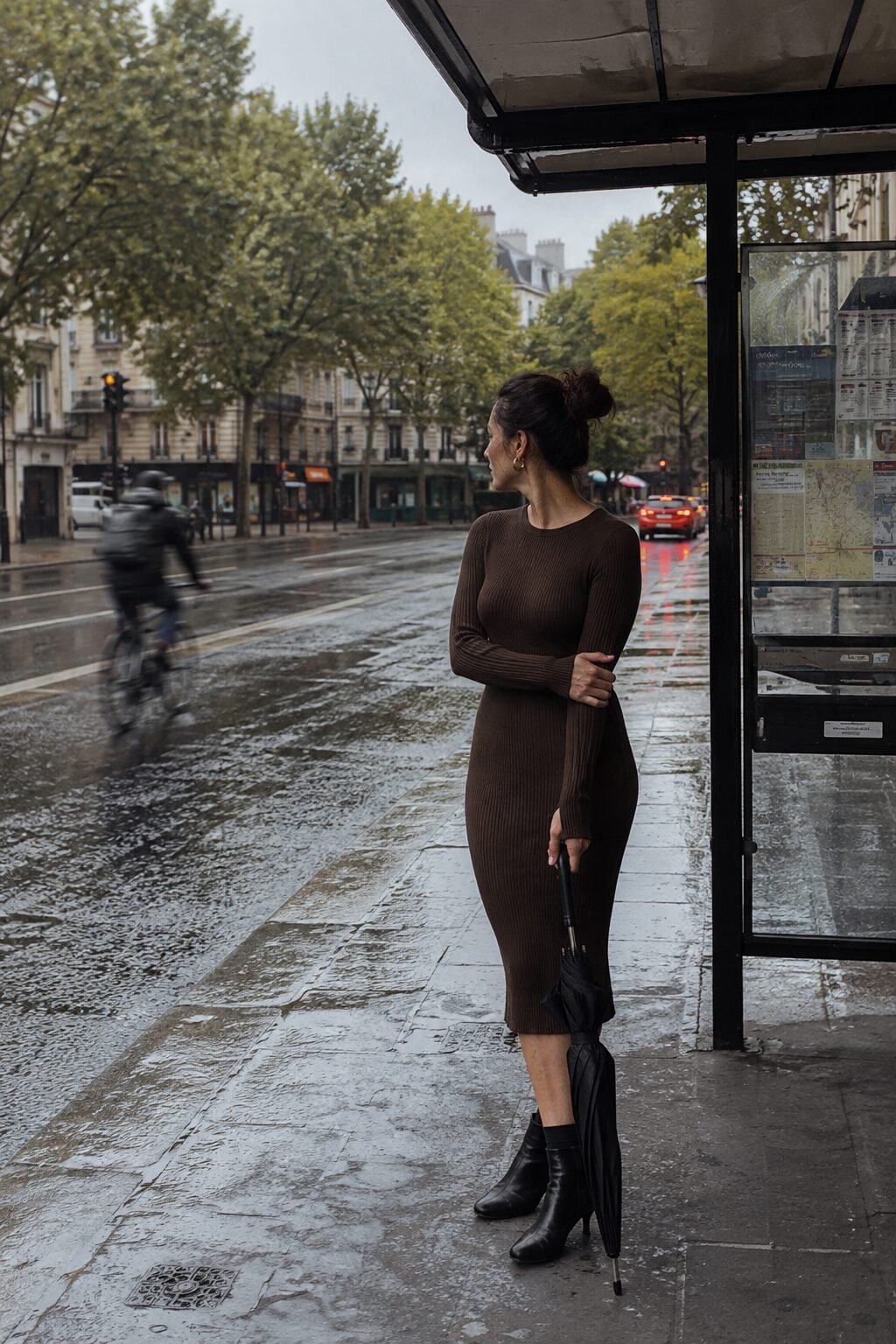 no-iron office outfit: chocolate brown merino wool sweater dress with ankle boots