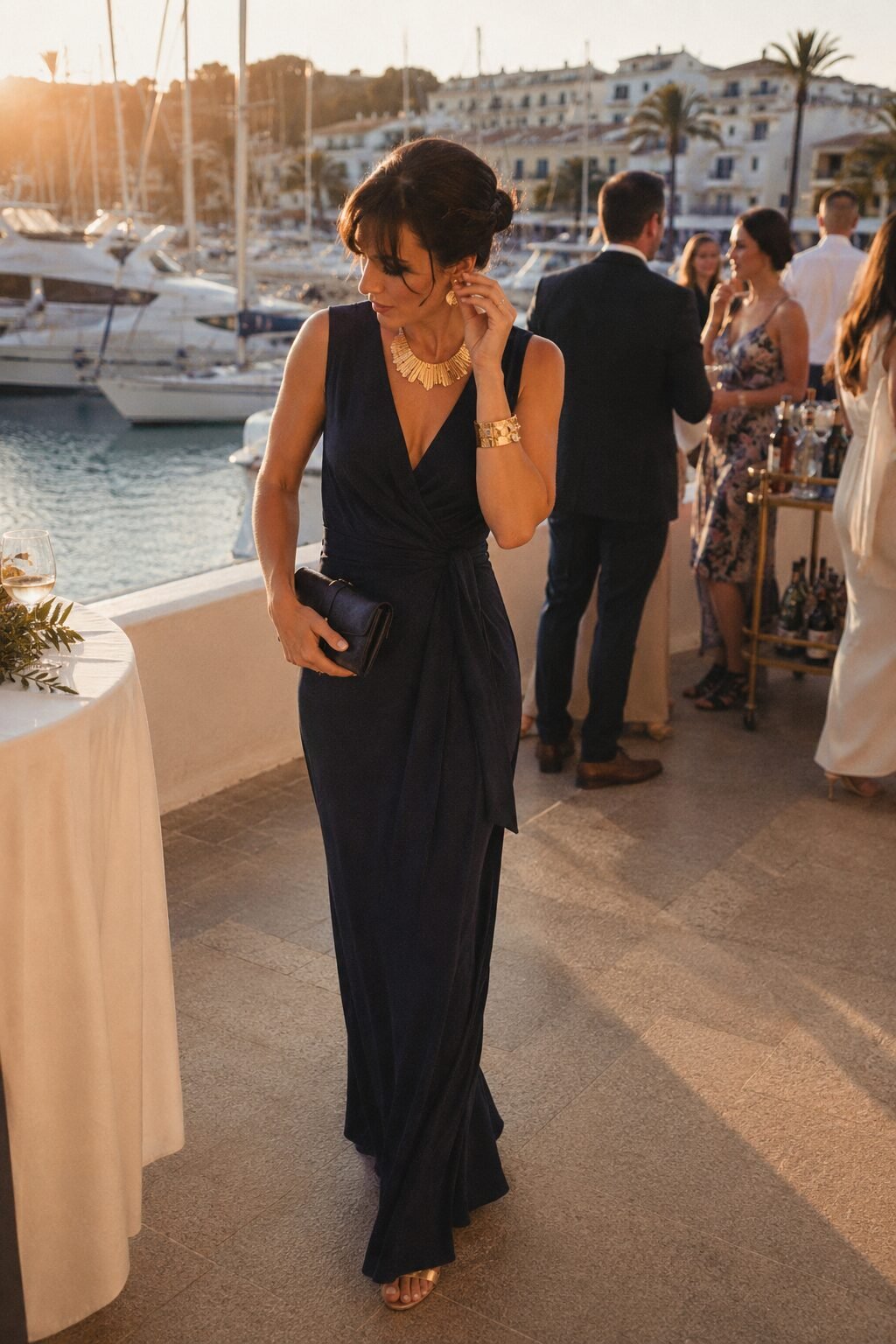 how to style a wrap dress with a statement jewelry set: navy wrap dress and gold jewelry for a wedding reception