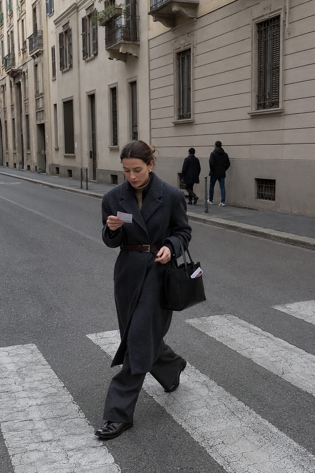 Woman carrying a black leather tote bag on a city street