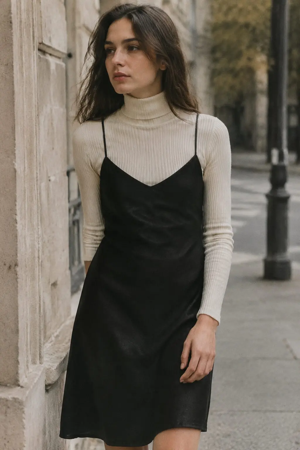 black slip dress worn over a cream fitted turtleneck, the Carolyn Bessette Kennedy stacked layering look