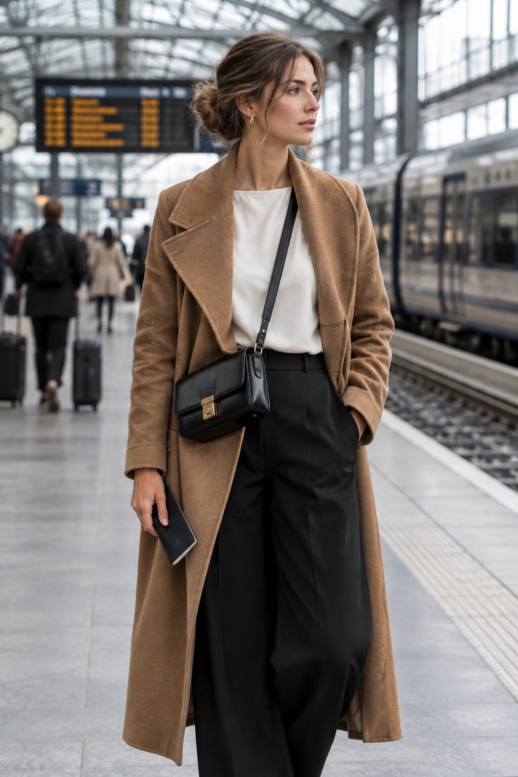 travel day capsule wardrobe outfit: caramel wool wrap coat, white silk blouse, black trousers, and glossy black leather bag