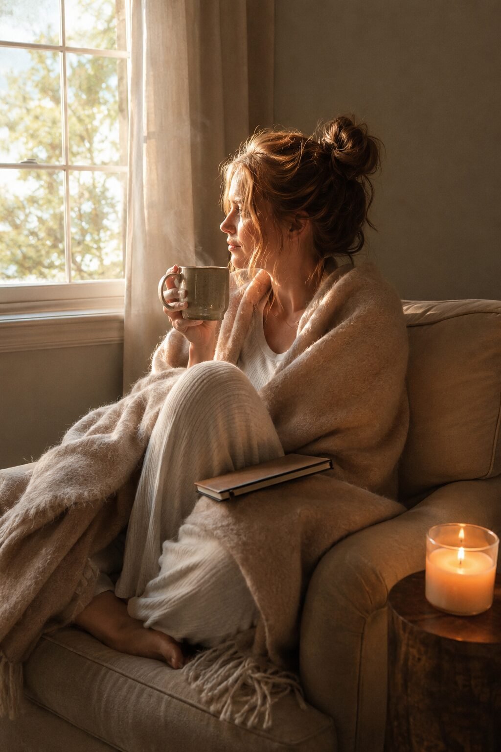 Wrapped in a cashmere throw with a candle lit, reading quietly
