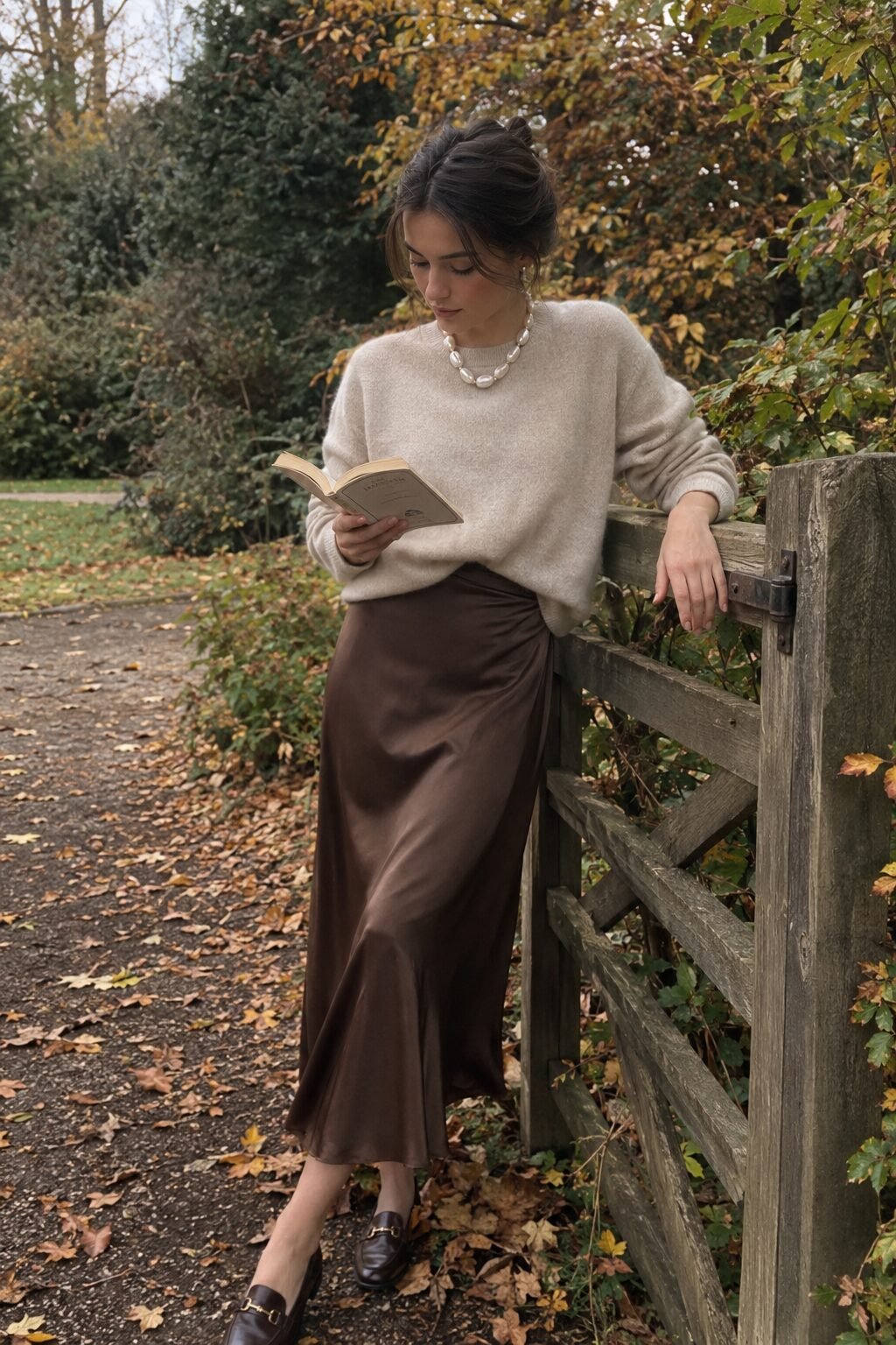 old money pearl outfit for a fall weekend: oatmeal cashmere crewneck, chocolate brown midi skirt, and a chunky baroque pearl necklace