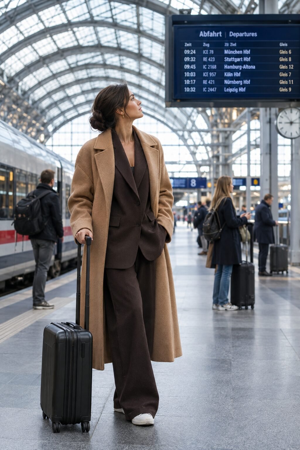 woman wearing a camel wool coat over a dark brown oversized blazer for business travel