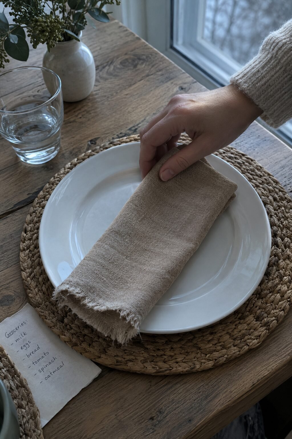 neutral linen cloth napkins folded on a holiday table place setting