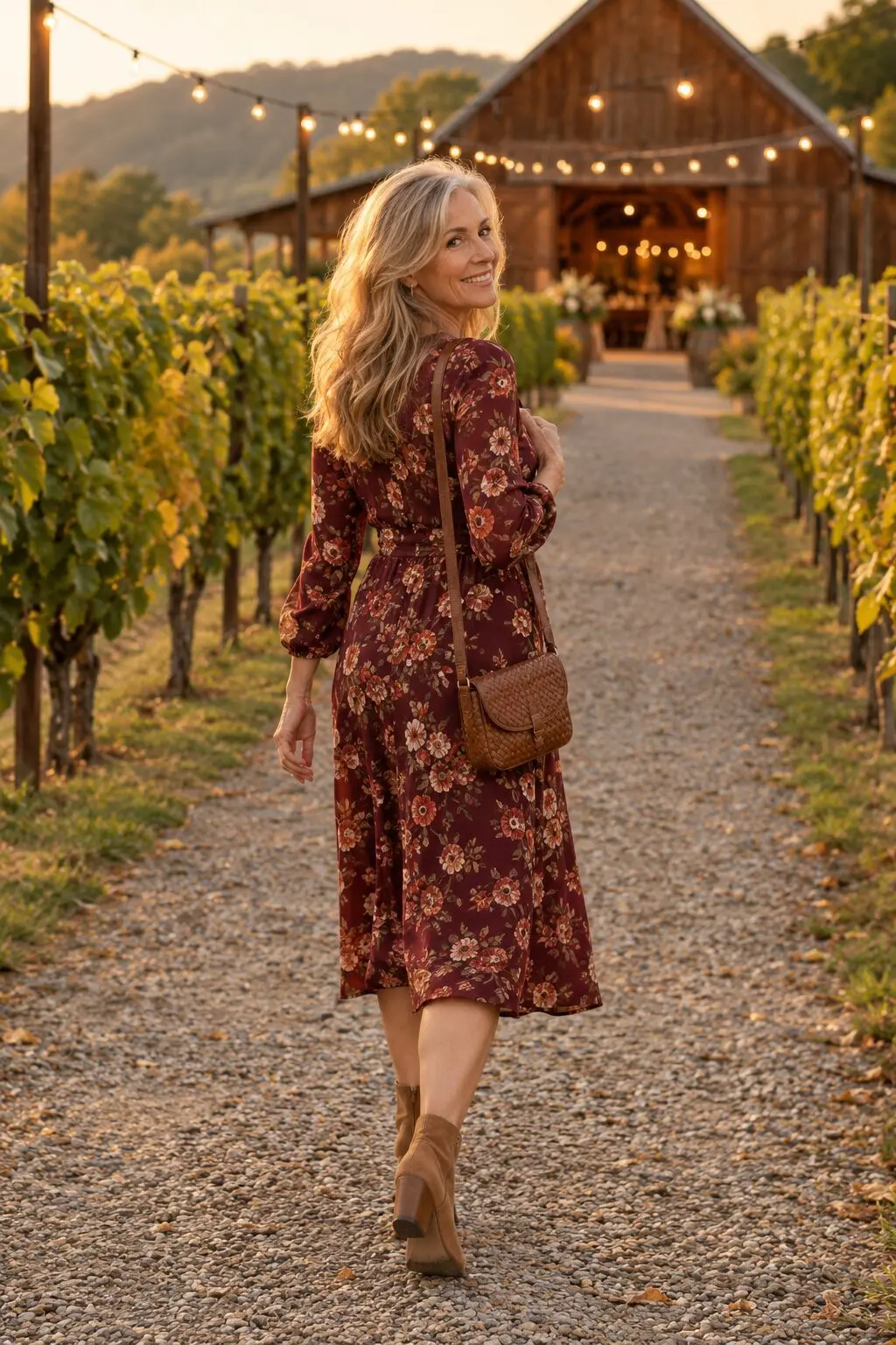 stepmother of the groom rustic wedding outfit: oxblood floral midi dress with toffee suede ankle boots