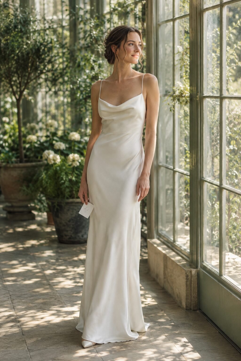 A woman wearing a modern ivory silk slip wedding dress, minimalist bridal styling