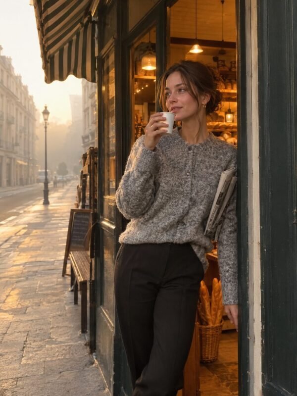 Old money outfit: marled grey knit + black tailored trousers