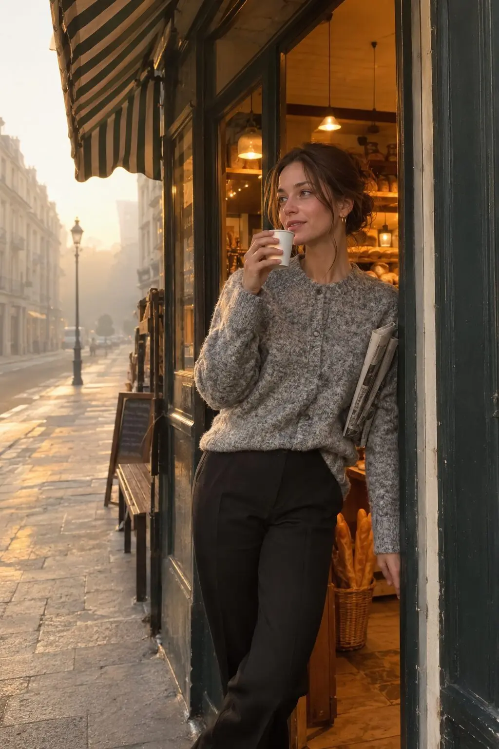 charcoal and grey fall outfit: marled grey jumper tucked into black tailored wool trousers