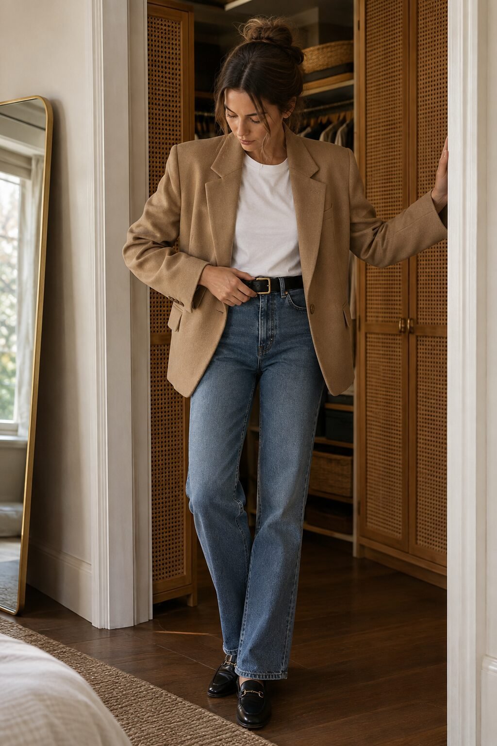 leather belt cinching an oversized blazer at the waist, silhouette style hack