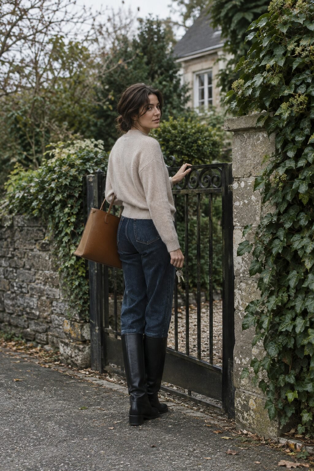 capsule wardrobe 2027 weekend outfit: cashmere sweater, straight-leg jeans, black knee-high boots, cognac tote