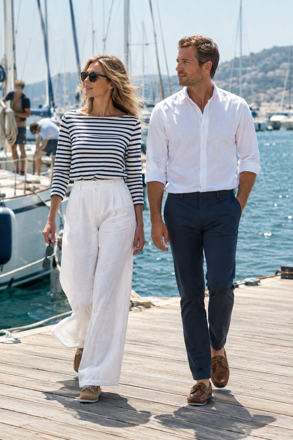 old money couple outfit for an afternoon at the marina: black and ivory Breton stripe boatneck top with white linen pants