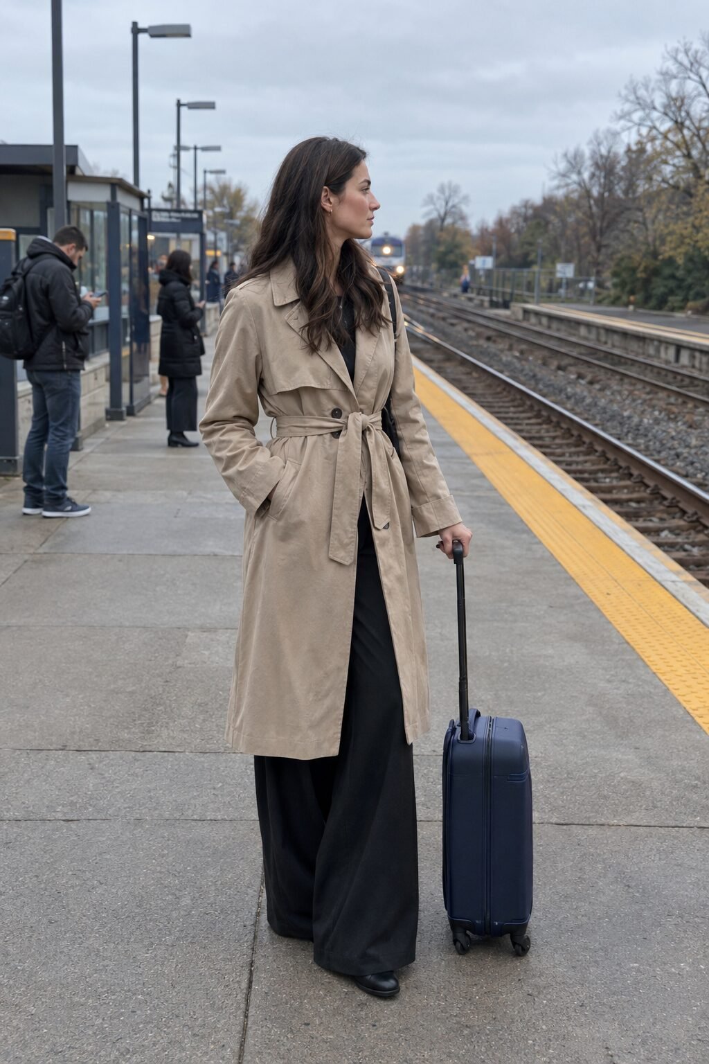 how to style wide-leg trousers with a stone trench coat and black leather ankle boots for a commute