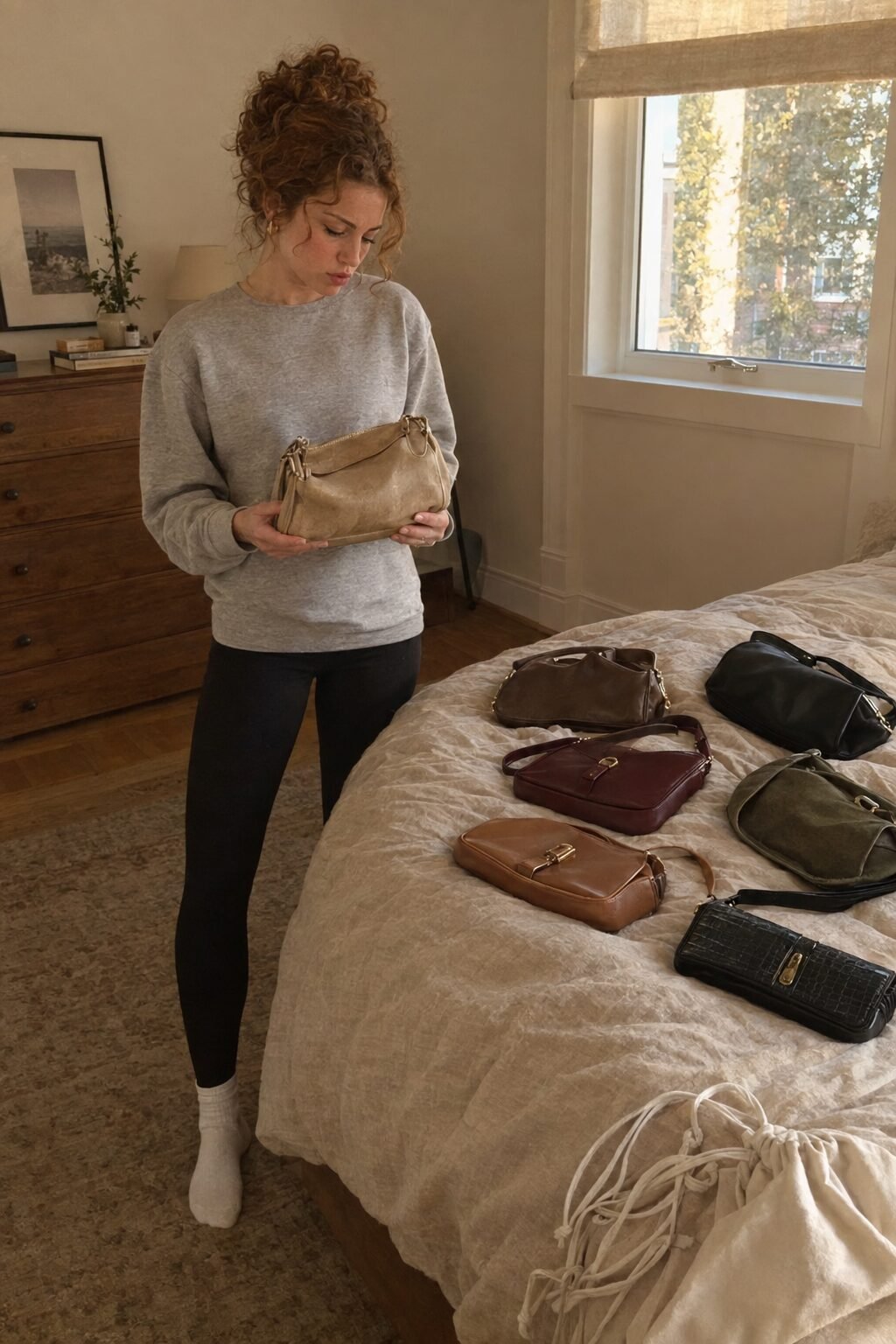 woman sorting a collection of handbags laid out on a bed, closet audit before buying a timeless handbag