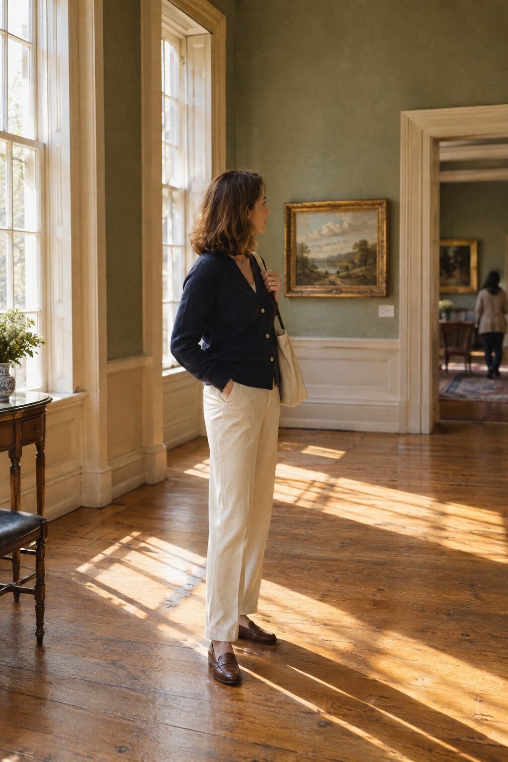 woman walking through a sunlit historic house museum on a quiet Saturday afternoon, a memorable experience over buying things
