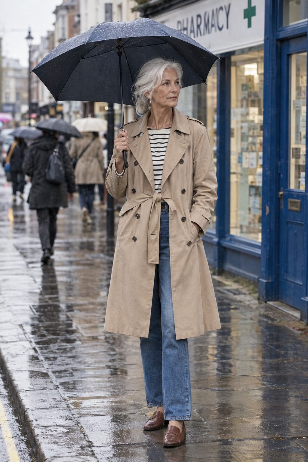 rainy day errands outfit for women in their 70s: beige double-breasted trench coat, mid-wash jeans, striped boatneck top and brown loafers
