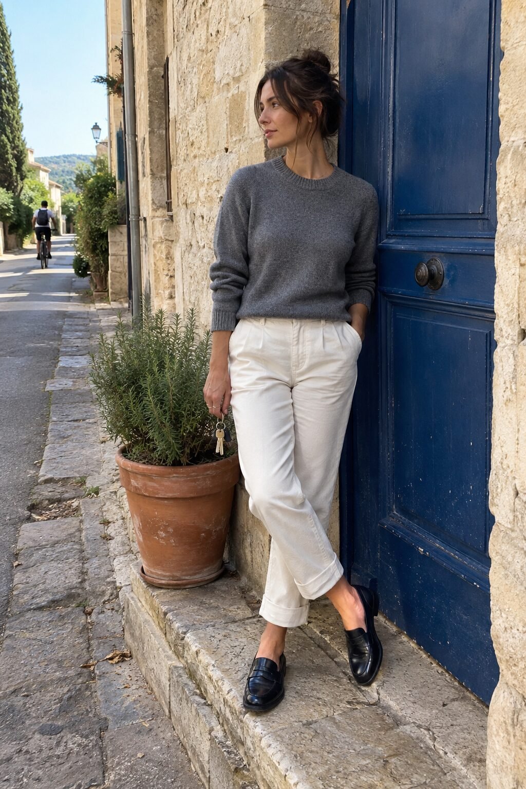 woman in black leather penny loafers on a stone step