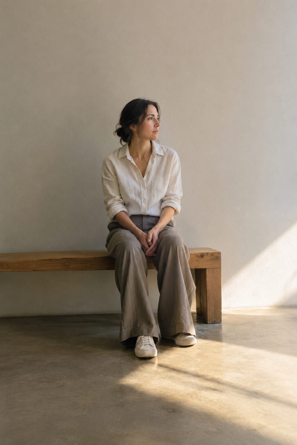 Woman sitting on a low bench in a pale hallway with a bare wall and a single strip of afternoon sunlight beside her