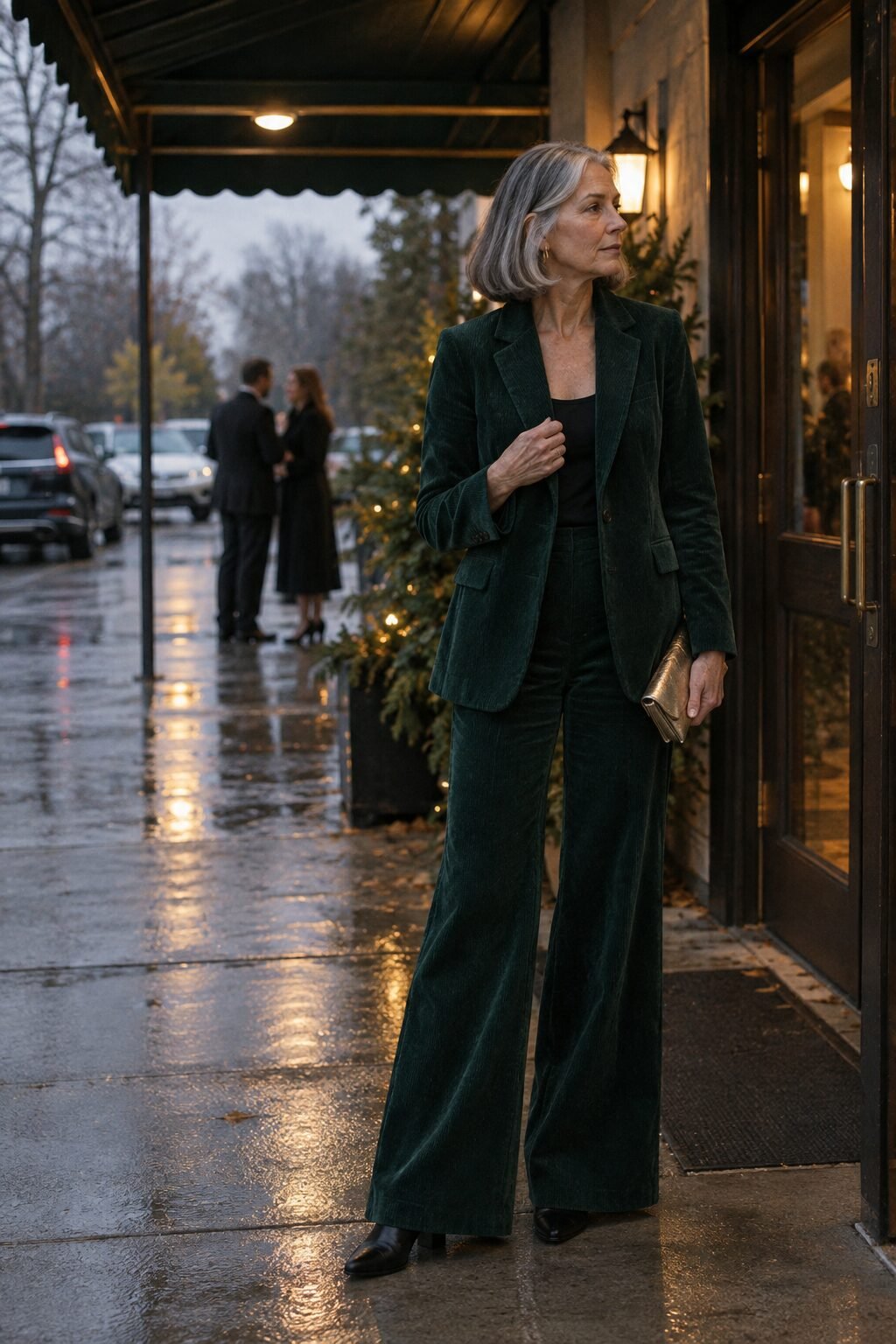 deep pine-green corduroy pantsuit with a soft gold clutch, a winter evening mother of the groom outfit