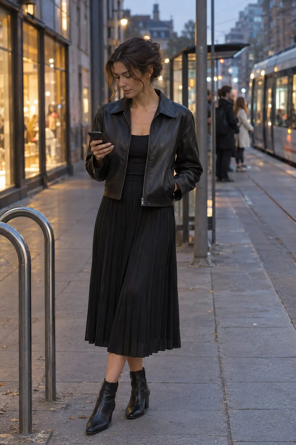 how to style a midi skirt for evening: black cropped leather zip-front jacket over a black pleated midi skirt with black leather ankle boots
