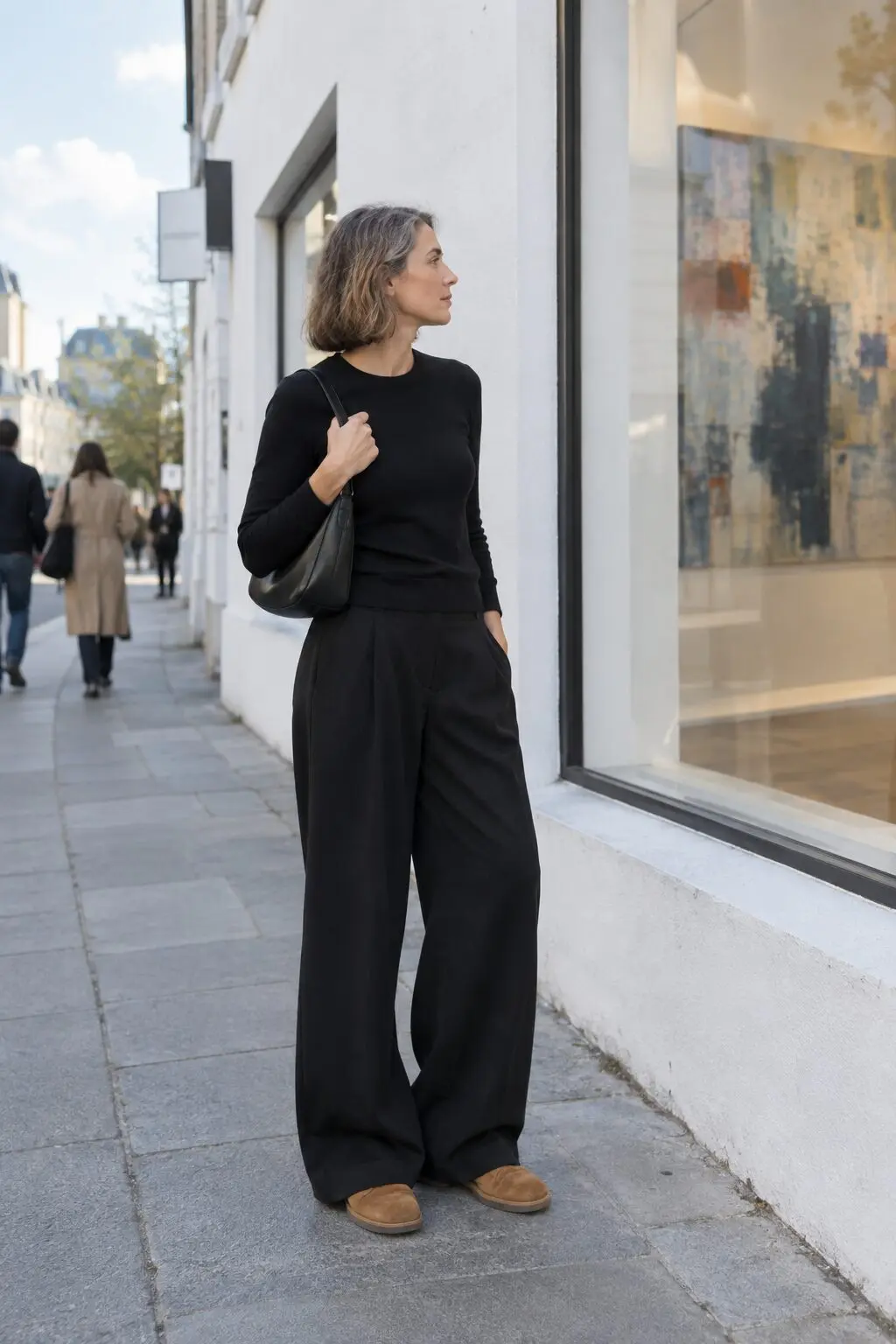 elegant comfortable gallery outfit: black drapey wide-leg trousers, black knit top and tan suede lug-sole loafer boots