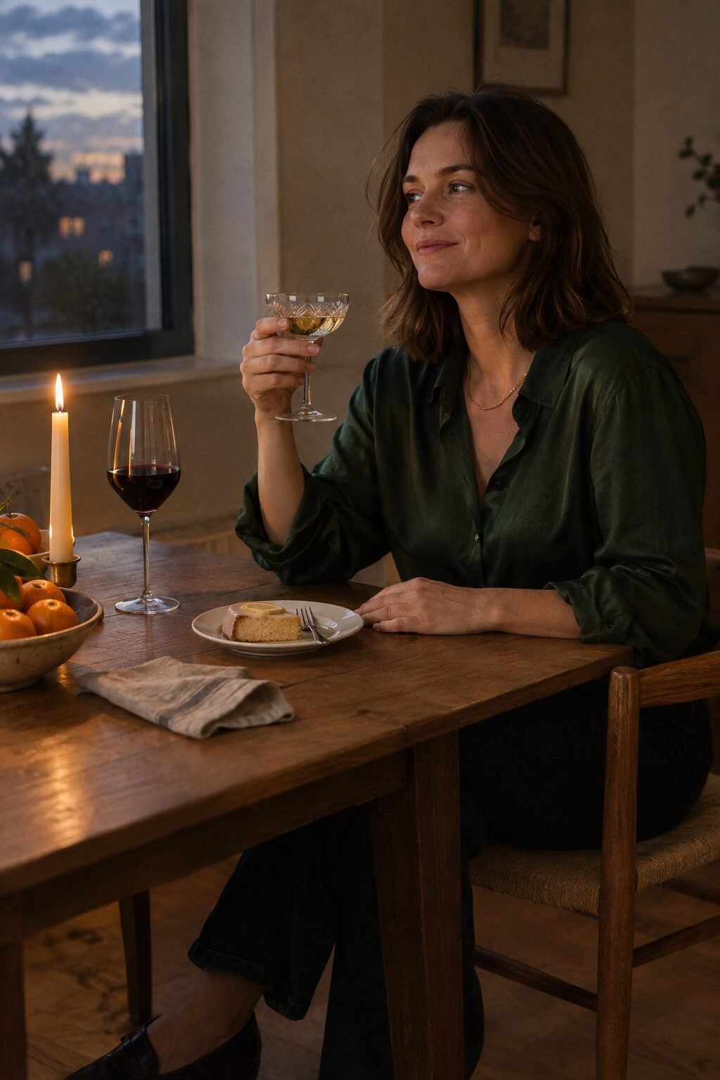 woman at a dinner table holding a single glass of wine beside a candle, savoring the evening at an unhurried pace
