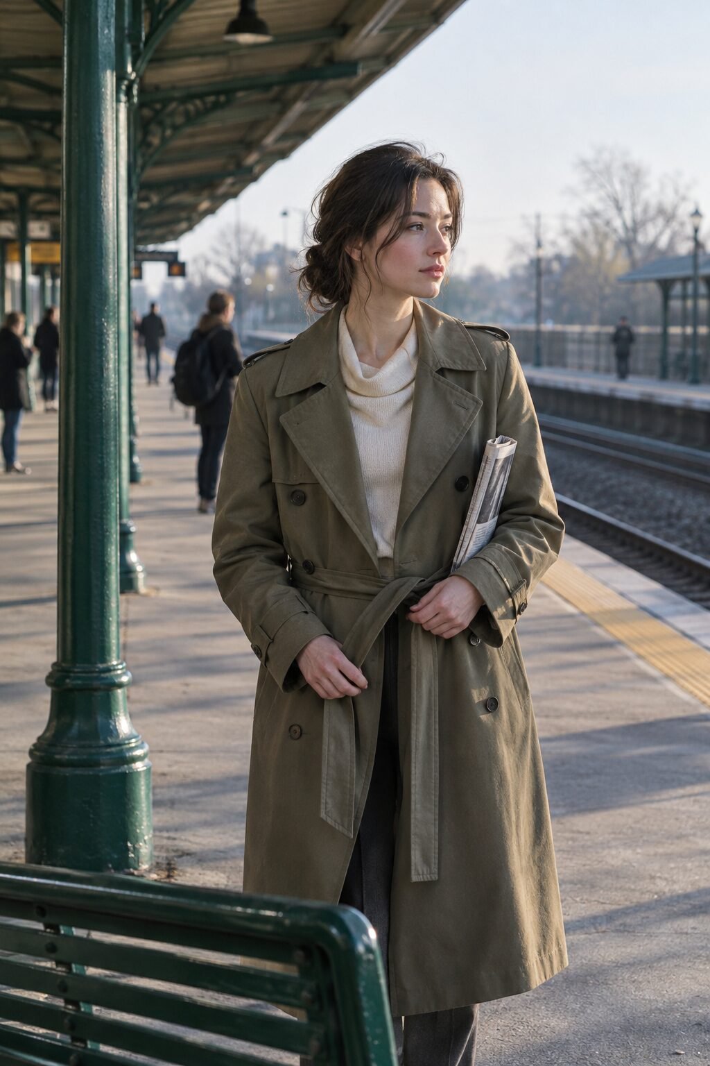 old money style: olive-khaki cotton trench coat over an ecru draped-neck sweater