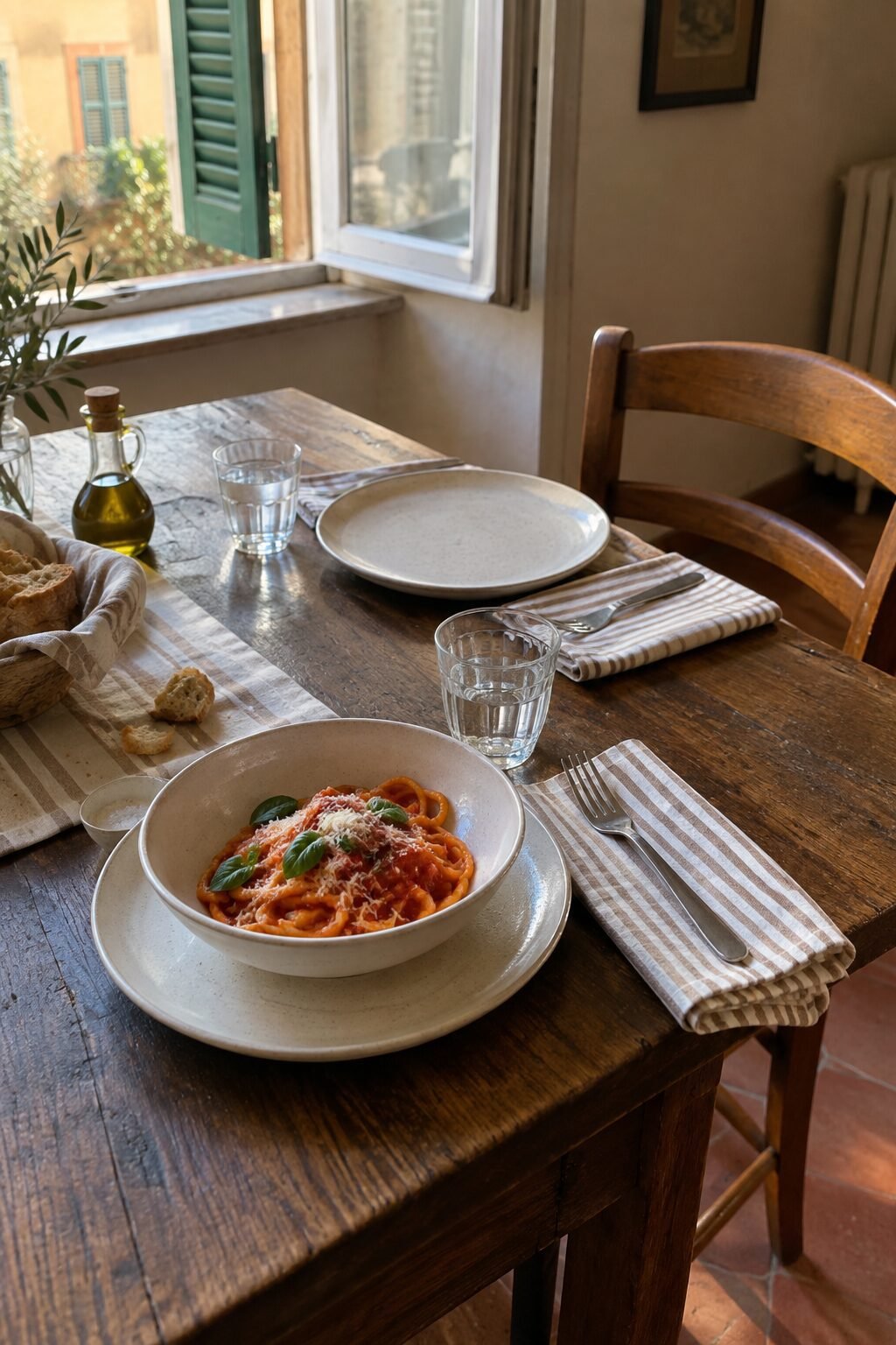 old money evening routine: a set table with white stoneware plates and striped linen napkins at dinner time