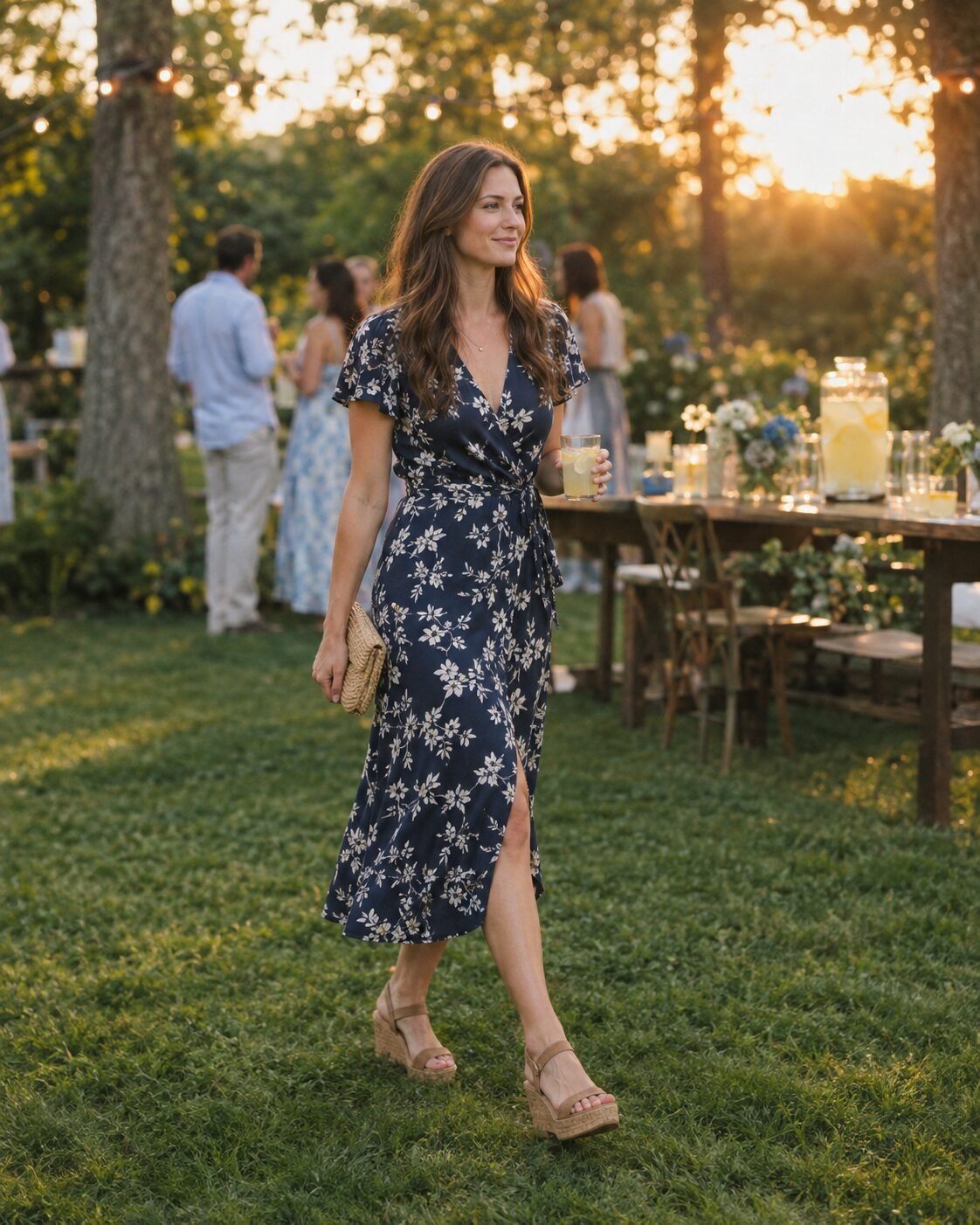 woman in wedge sandals and a midi dress on a backyard lawn, casual event outfit for grass