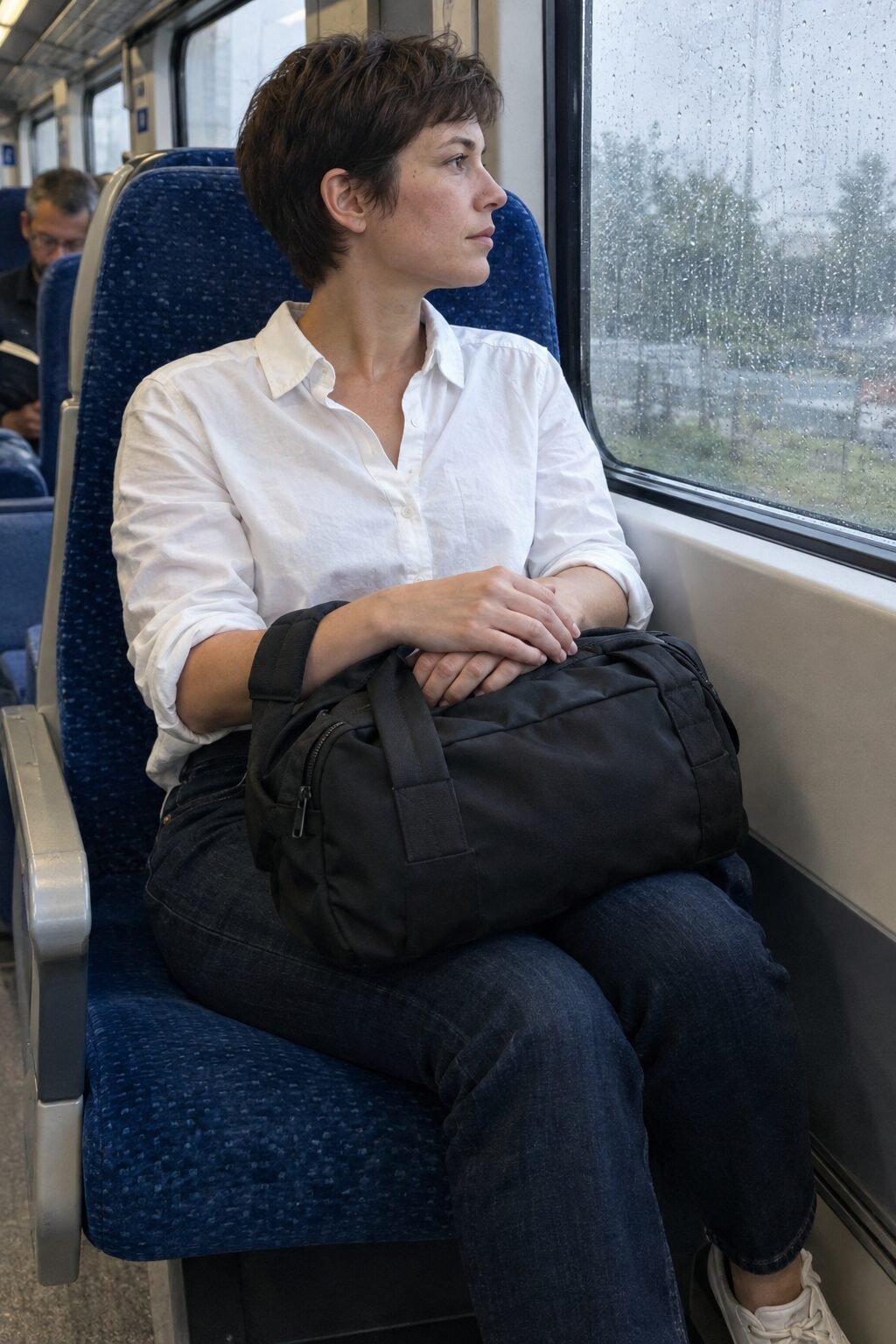 woman carrying a black weekender bag over her shoulder while walking through a train station