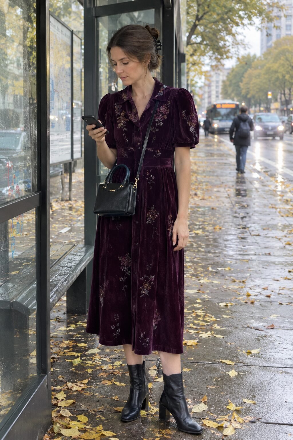 October evening outfit: deep plum velvet midi shirt-dress with black leather ankle boots and a black mini leather tote