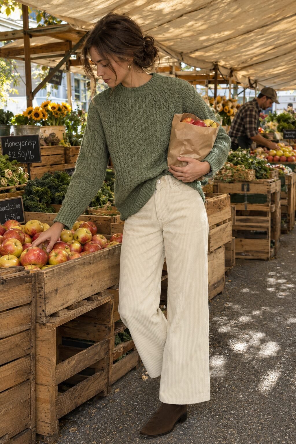 fall outfit with ankle boots: sage cashmere fisherman sweater and cream corduroy pants