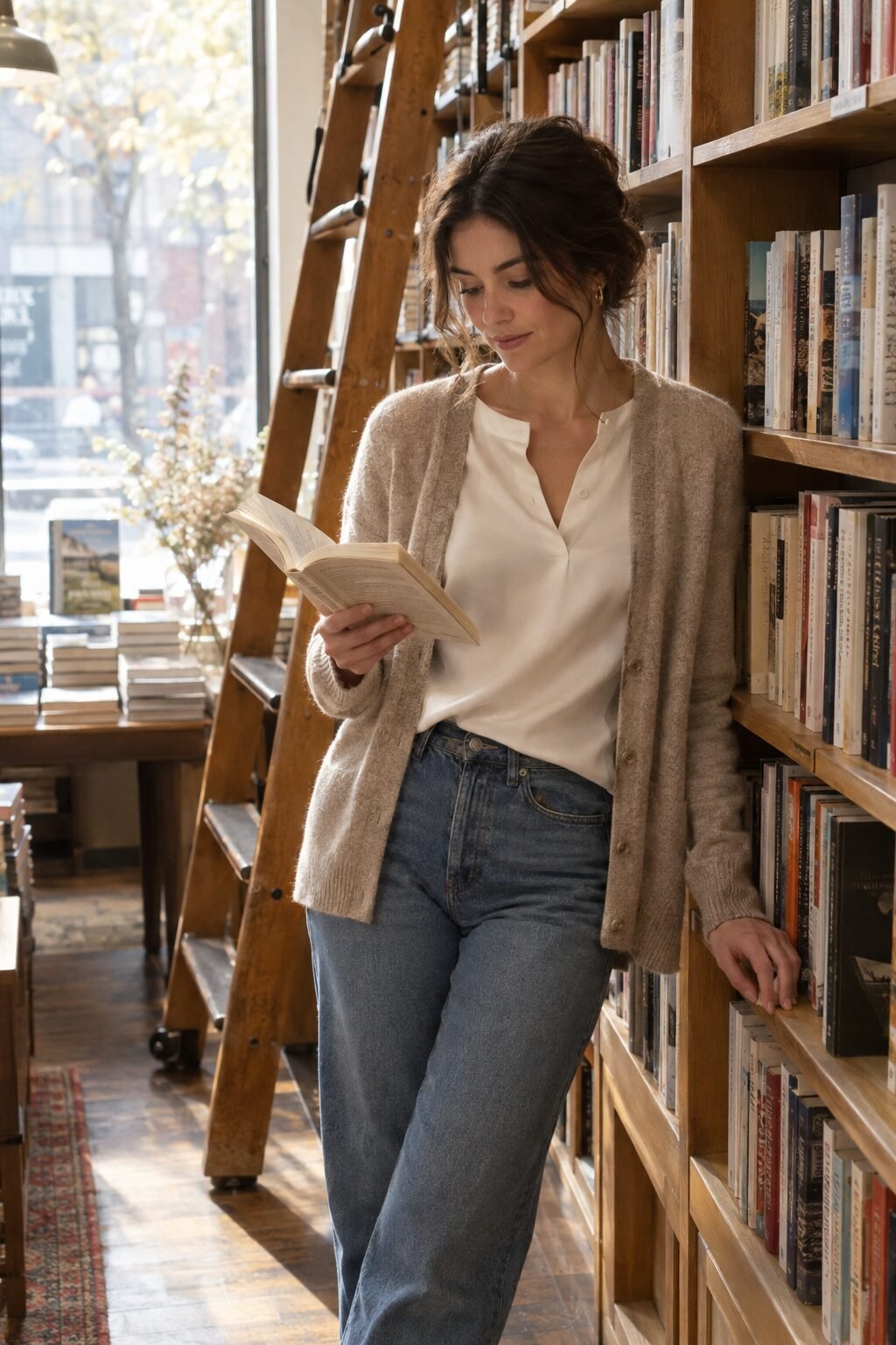 how to style a white silk blouse layered under an oatmeal cashmere cardigan