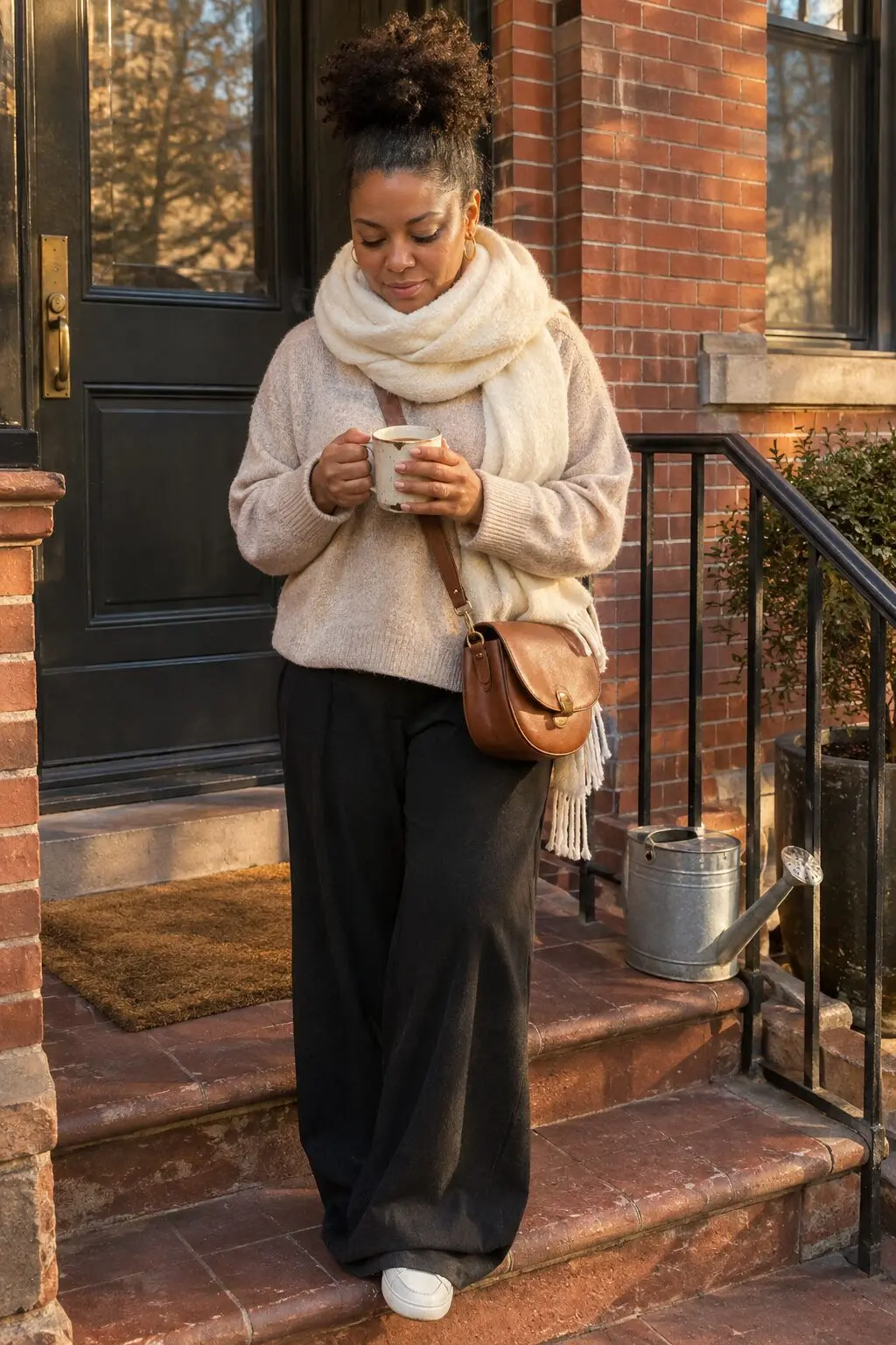 cashmere capsule wardrobe cozy weekend outfit: oatmeal cashmere sweater worn loose with black tailored trousers and an ivory cashmere wrap worn as a scarf