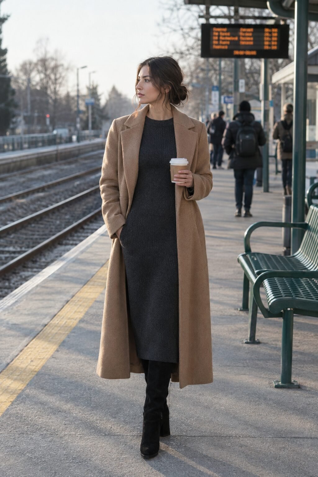 old money dress outfit: charcoal ribbed knit midi dress under a long camel wool coat with tall black suede boots