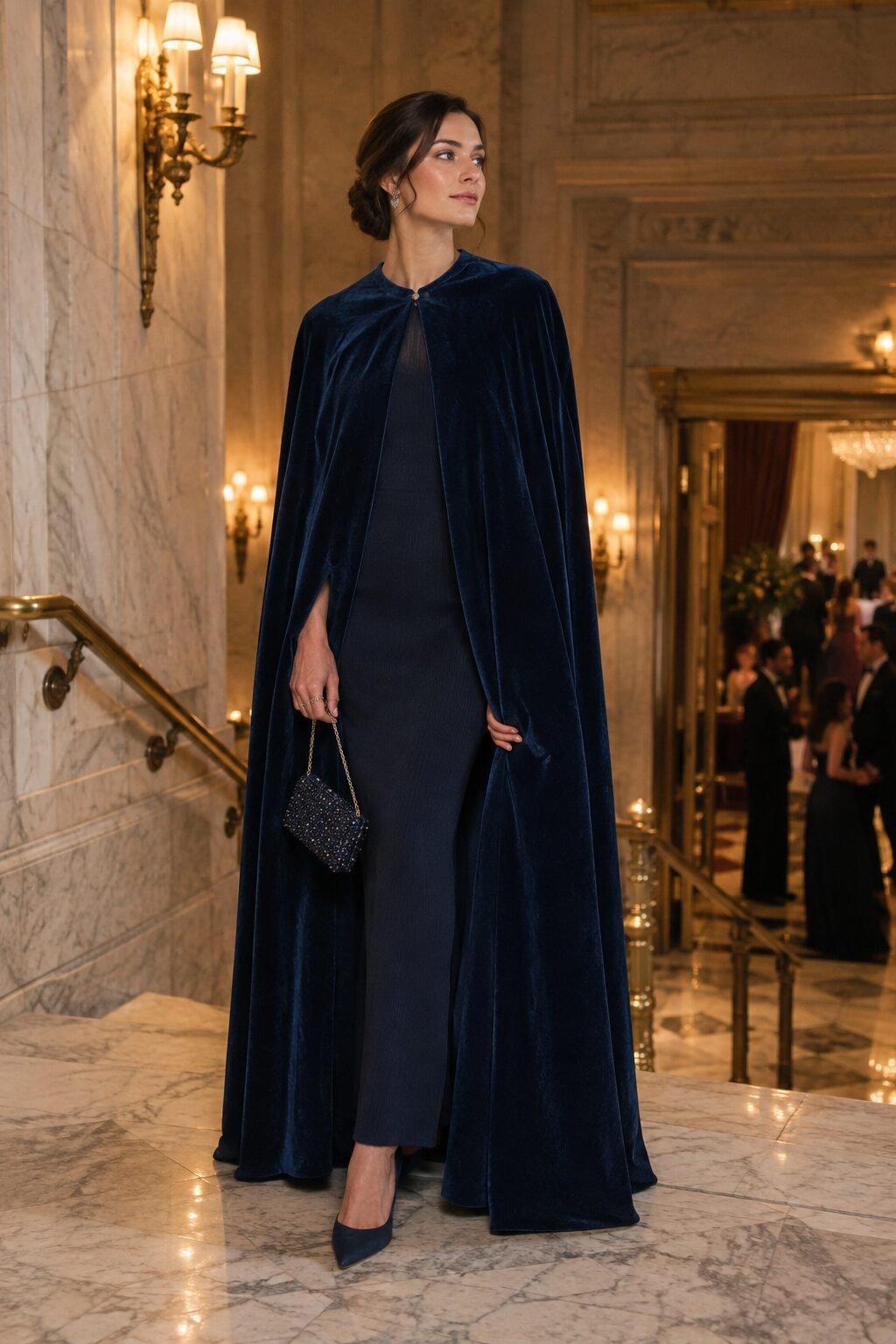 woman wearing a midnight navy long-sleeve ribbed sheath dress with a matching velvet cape for a black-tie winter wedding reception