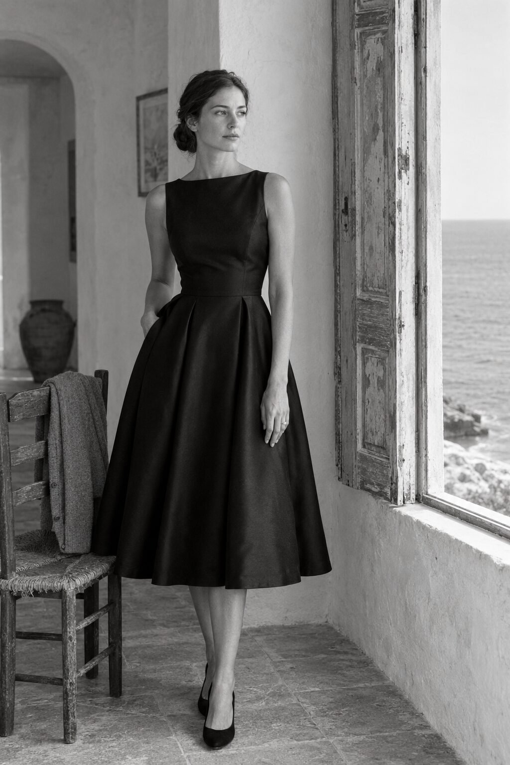 old money save the date portrait of a bride-to-be in a black boat-neck midi dress, black and white film look