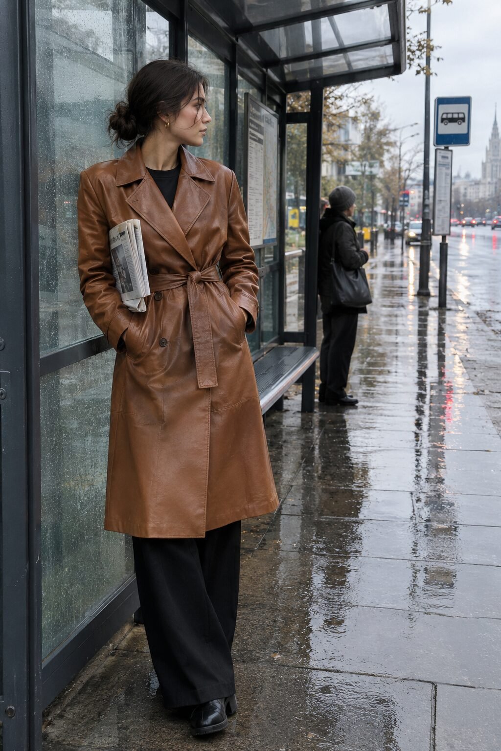 dark academia rainy fall outfit: cognac faux leather trench coat belted over black wide-leg trousers