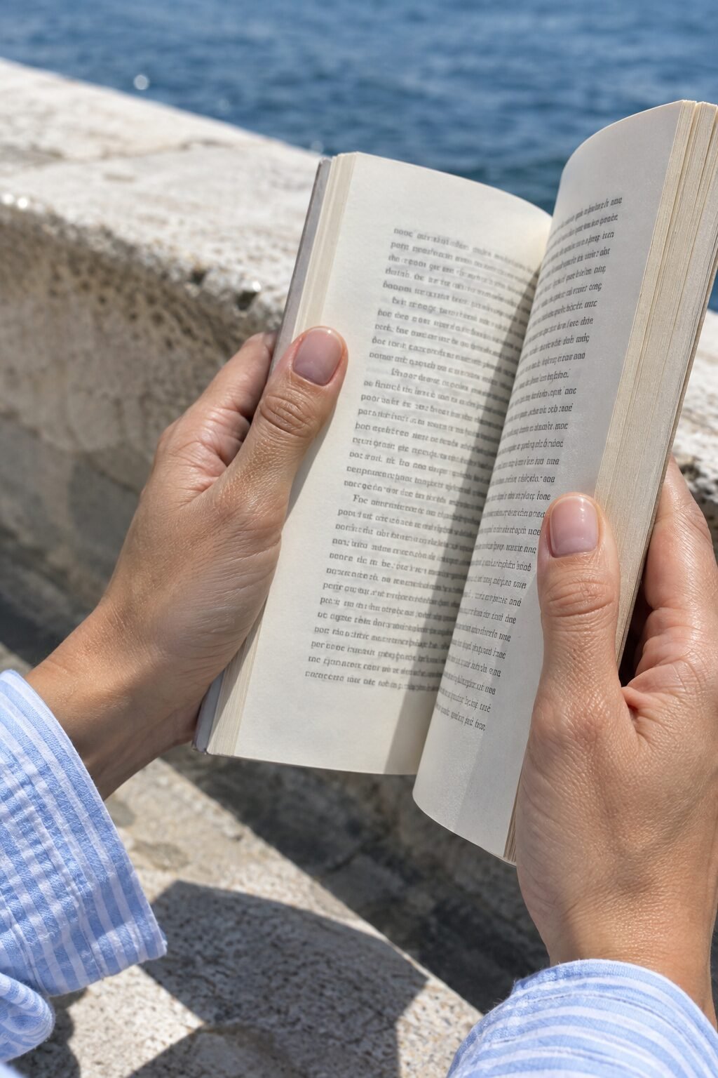 hands holding an open paperback by the sea with clean sheer neutral nails and no nail art, understated classy nails